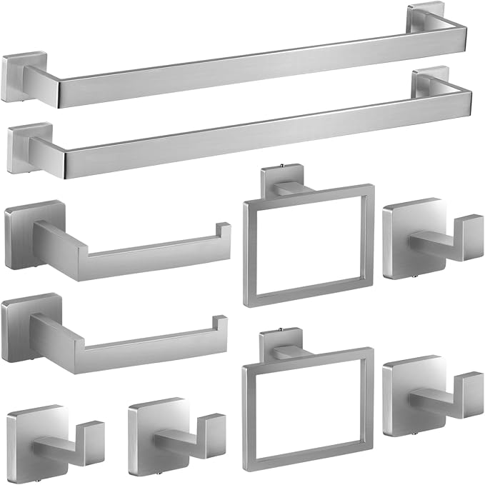 10-Piece Brushed Nickel Bathroom Hardware Set with 16" Towel Bar, Toilet Paper Holder, Towel Rings & Robe Hooks, Stainless Steel Square Bathroom Accessories Kit Wall Mounted