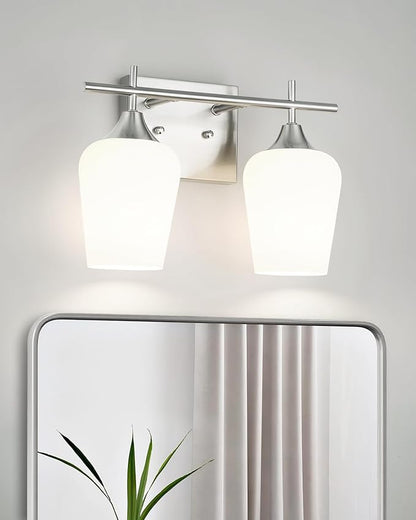 2 Lights Bathroom Light Fixture, 15 Inch Brushed Nickel Bathroom Vanity Lights Over Mirror, Modern Bath Wall Sconce Light with Frosted Glass, OS-YQ9167-2BNW