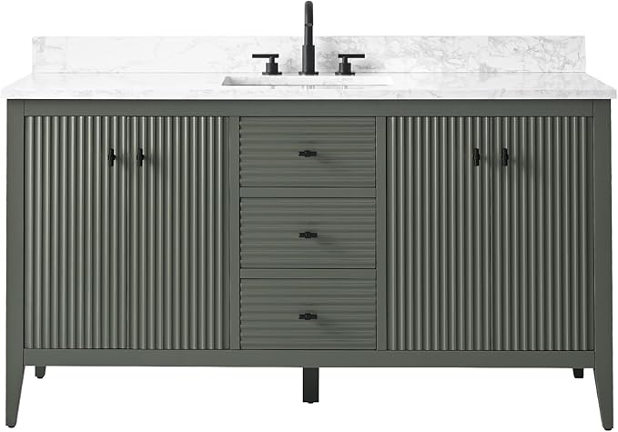 Vanity Art 60 inch Bathroom Vanity with Single Sink & Ceramic Top, Vanity Cabinet with Soft-Closing Door, Solid Wood Frame, Linear Pattern, Vintage Green, VA9160-SVG-MB,Matte Black Handles