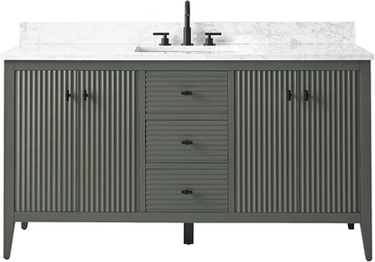 Vanity Art 60 inch Bathroom Vanity with Single Sink & Ceramic Top, Vanity Cabinet with Soft-Closing Door, Solid Wood Frame, Linear Pattern, Vintage Green, VA9160-SVG-MB,Matte Black Handles