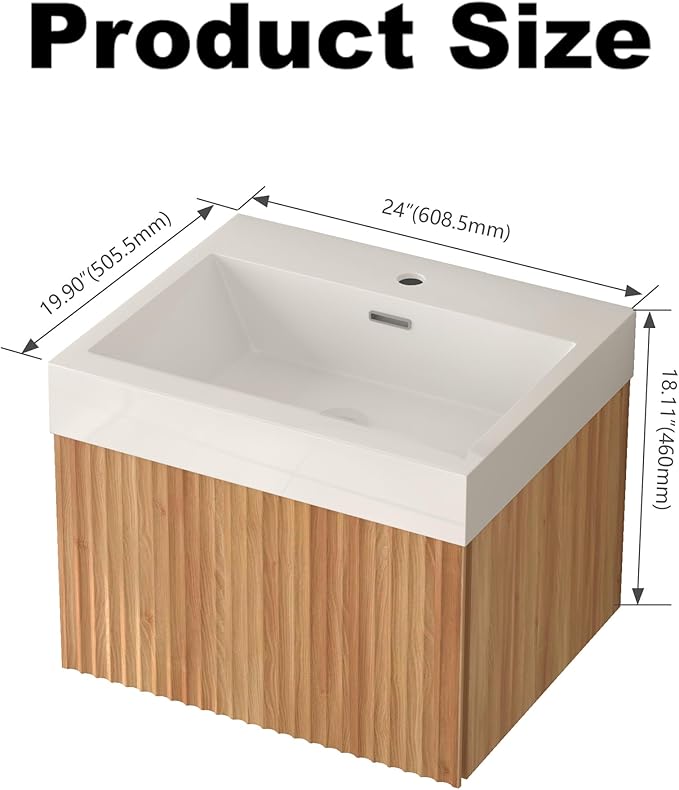 Floating Bathroom Vanity with Sink, Nature Soild Wood Cabinet with Ceramic Basin, Extra Large Storage Drawer & Pre-Assembled Vanities for Bathroom, Powder Room (Nature C Style, 24")