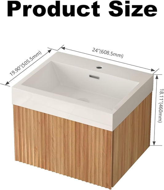 Floating Bathroom Vanity with Sink, Nature Soild Wood Cabinet with Ceramic Basin, Extra Large Storage Drawer & Pre-Assembled Vanities for Bathroom, Powder Room (Nature C Style, 24")