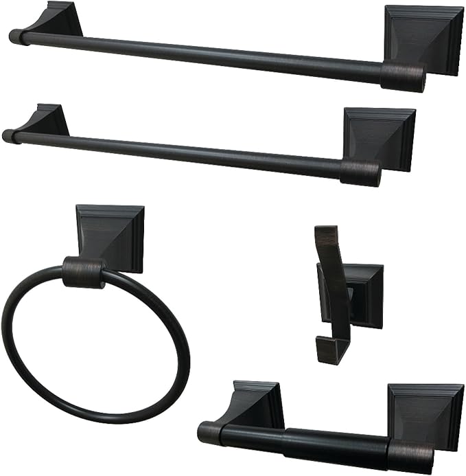 Kingston Brass BAHK61212478ORB 18-Inch and 24-Inch Towel-Bar, 6-Inch Towel-Ring, Toilet Paper Holder and Robe Hook Monarch Bathroom Accessories, 5-Piece in Set, Oil Rubbed Bronze