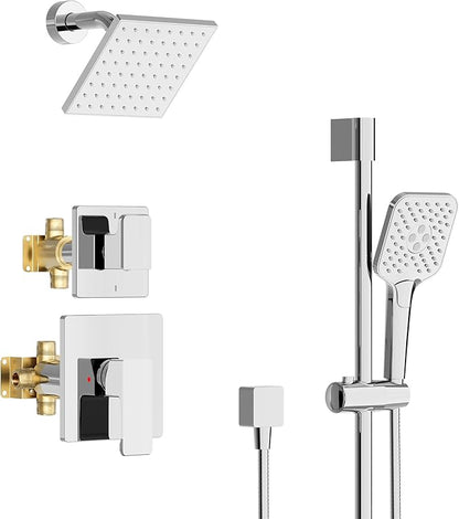 Rain Shower System - 6 inches Shower Head with Handheld Combo Set, Wall Mounted Shower Faucet Set with Slide Bar and 3-Setting Handheld Shower Head (Shower Valve and Trim Kit Included), Chrome