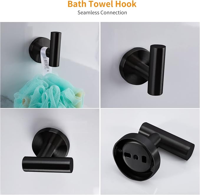 Cilee 10 Piece Matte Black Bathroom Accessories Set, 24 inch Towel Bar Set | Black Towel Bar Ring + Toilet Paper Holder + Robe Towel Hook, Stainless Steel Bathroon Hardware Set