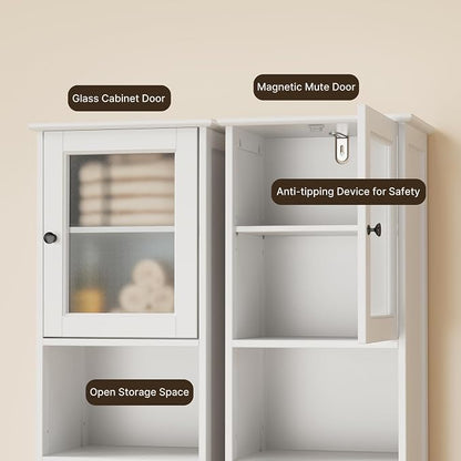 Gizoon 67.1" Tall Bathroom Storage Cabinet with Adjustable Shelves | Narrow Tall Linen Tower with Open Shelves, Two-way Doors, Anti-Tip, for Home, Kitchen, Living Room, White