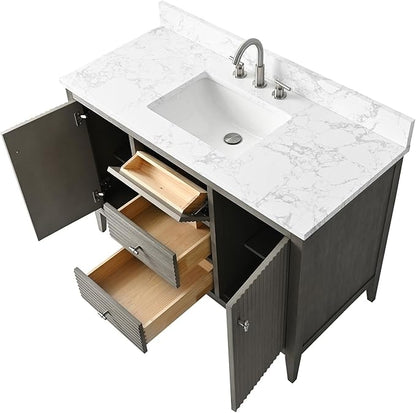 HOMEBEYOND 48" Bathroom Vanity with Sink, Solid Wood Bathroom Vanity Free-Standing Cabinet, Drawers, Ceramic Top & Soft Closing Door, Golden Brushed Handware, Driftwood Gray