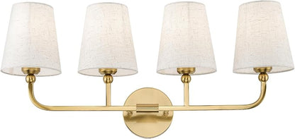4-Light Brushed Gold Bathroom Vanity Light with Linen Fabric Shade | 28 Inch gold bathroom light fixture over mirror, UL listed, E26 bulbs, hardwired, upward only, VL837-BG-A-4