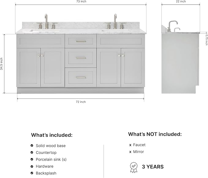ARIEL Hamlet 72-inch Bathroom Vanity with Sink,Solid Wood, 0.75-inch Italian Carrara Marble Countertop & Backsplash, Double Oval Sink, 4 Soft Closing Doors, 3 Dovetail Drawers, Grey