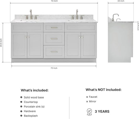 ARIEL Hamlet 72-inch Bathroom Vanity with Sink,Solid Wood, 0.75-inch Italian Carrara Marble Countertop & Backsplash, Double Oval Sink, 4 Soft Closing Doors, 3 Dovetail Drawers, Grey