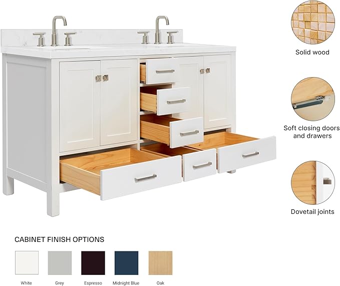 ARIEL Cambridge 60-inch Bathroom Vanity with Sink,Solid Wood, 1.5-inch Carrara White Quartz Countertop, Double Rectangular Porcelain Sink, 4 Soft Closing Doors, 6 Dovetail Drawers, White