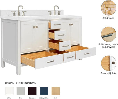 ARIEL Cambridge 60-inch Bathroom Vanity with Sink,Solid Wood, 1.5-inch Carrara White Quartz Countertop, Double Rectangular Porcelain Sink, 4 Soft Closing Doors, 6 Dovetail Drawers, White