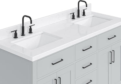 ARIEL Hepburn 60-inch Bathroom Vanity with Sink,Solid Wood, 1.5-inch Carrara White Quartz Countertop & Backsplash, Double Rectangular Porcelain Sink, 4 Soft Closing Doors, 6 Dovetail Drawers, Grey