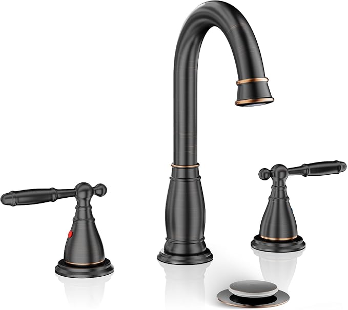 2-Handle 8 Inch 3 Hole Oil Rubbed Bronze Widespread Bathroom Faucets, with Valve and Metal Pop-Up Drain, WF017-4-ORB
