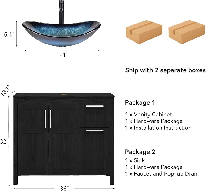 YOURLITE 36" Bathroom Vanity with Sink, Black Bathroom Vanity and Sink Combo with Faucet & Pop Up Drain Set,Traditional Vanity with Dark Green Glass Bowl Bathroom Sink
