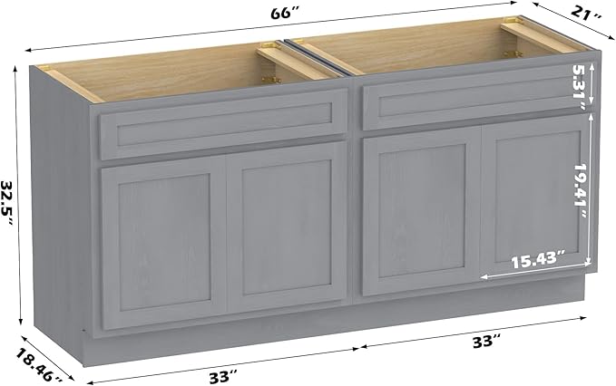 Vanity Art 66 Inch Bathroom Base Cabinet Only, Double Sink Top (Not Include Sink) with Door & Soft Close Hinge, Unassembled Floor Cabinet, Smoke Grey, 2ea 33 Inch Combo