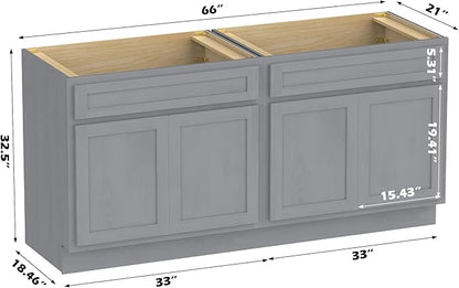 Vanity Art 66 Inch Bathroom Base Cabinet Only, Double Sink Top (Not Include Sink) with Door & Soft Close Hinge, Unassembled Floor Cabinet, Smoke Grey, 2ea 33 Inch Combo