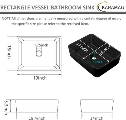 Black Vessel Sink,Rectangle 19"x15" Bathroom Sink Above Counter Porcelain Ceramic Small Sink Bowl Ceramic Vessel Sinks for Bathrooms