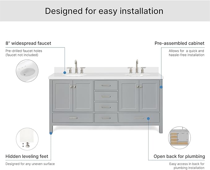ARIEL Cambridge 72-inch Bathroom Vanity with Sink,Solid Wood, 1.5-inch Pure White Quartz Countertop & Backsplash, Double Oval Porcelain Sink, 4 Soft Closing Doors, 6 Dovetail Drawers, Grey