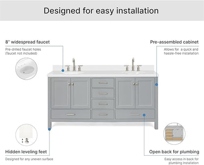 ARIEL Cambridge 72-inch Bathroom Vanity with Sink,Solid Wood, 1.5-inch Pure White Quartz Countertop & Backsplash, Double Oval Porcelain Sink, 4 Soft Closing Doors, 6 Dovetail Drawers, Grey