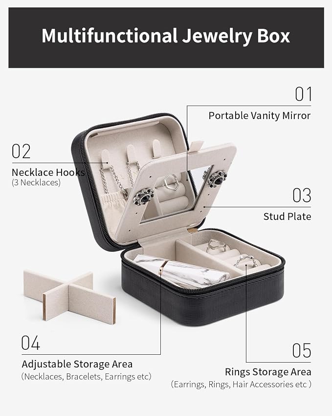 VLANDO Travel Jewelry Case with Mirror, Storage 3 Pairs of Stud Earrings | Necklace Hook for Anti-tangle, Removable Dividers, Waterproof PU Leather,Portable Storage for Rings, Necklace Gifts for Women