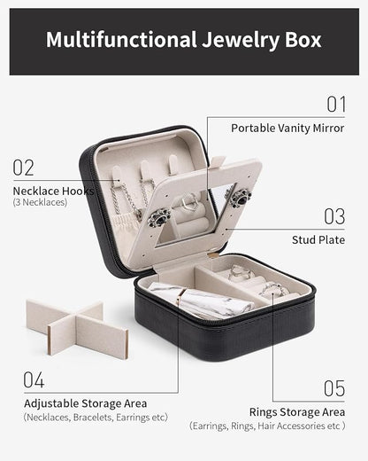 VLANDO Travel Jewelry Case with Mirror, Storage 3 Pairs of Stud Earrings | Necklace Hook for Anti-tangle, Removable Dividers, Waterproof PU Leather,Portable Storage for Rings, Necklace Gifts for Women