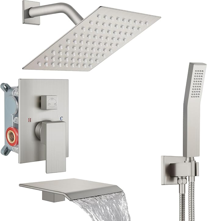 Midanya Shower System with Tub Spout,8 Inch Shower Head,Brushed Nickel | with Valve & Trim Kit,Square Rain Head,Handheld Sprayer,Waterfall Spout,All Metal Wall Mount Bathroom Shower Tub Faucet Set