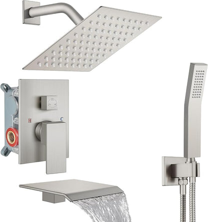 Midanya Shower System with Tub Spout,8 Inch Shower Head,Brushed Nickel | with Valve & Trim Kit,Square Rain Head,Handheld Sprayer,Waterfall Spout,All Metal Wall Mount Bathroom Shower Tub Faucet Set