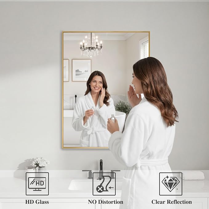 Koonmi Gold Rectangle Wall Mirror, 20x30 Inch Bathroom Mirror, Aluminum Frame Vanity Mirror for Entryway, Living Room, Bedroom Bathroom, Hangs Horizontally or Vertically