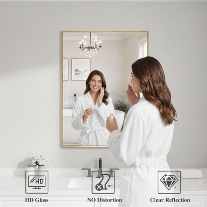 Koonmi Gold Rectangle Wall Mirror, 20x30 Inch Bathroom Mirror, Aluminum Frame Vanity Mirror for Entryway, Living Room, Bedroom Bathroom, Hangs Horizontally or Vertically