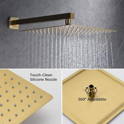 Iriber Brushed Gold Rain Shower System with 10 Inch Shower Head and Handheld Bathroom Wall Mounted Shower Set Contain Shower Faucet Mixer and Trim Kit (Valve Included)