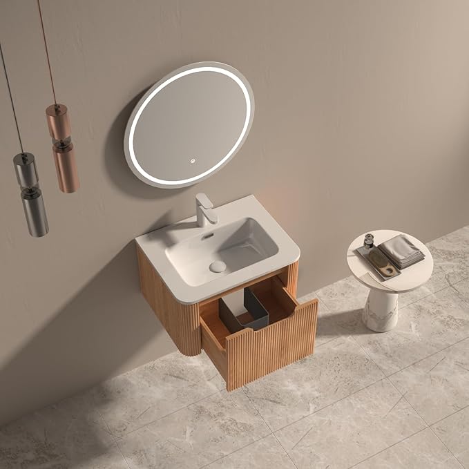 24'' Floating Bathroom Vanity with Sink, Wall Mounted Modern Bathroom Cabinet W/Curved Edges Stripes, Oak & Plywood, Pre-Assembled with Integrated Ceramic Basin – Havana, Natural Oak