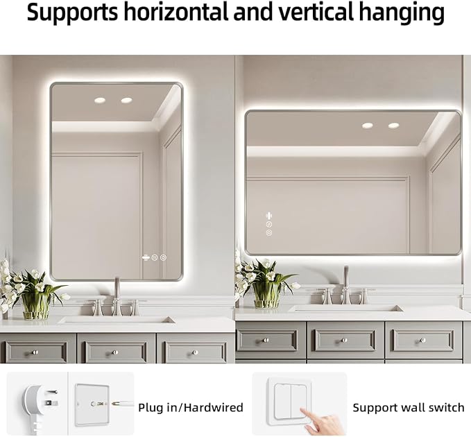 24" x 36" Brushed Nickel LED Bathroom Mirror - Motion Sensor | Smart Backlit Mirror with 3 Colors Stepless Dimmable, Lighted Bathroom Mirror with Lights, Anti-Fog, UL-Listed, CRI≥93