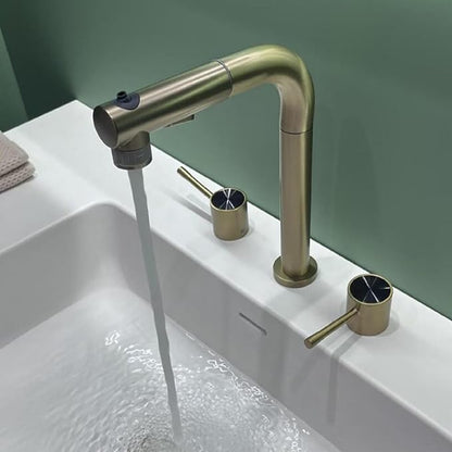 3 Hole Basin Faucets Pull Out Basin Mixer Faucet Brass-Brushed Gold