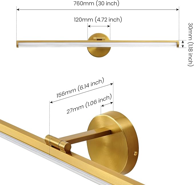 KAISITE Bathroom Lighting Fixture Over Mirror - 30 Inch Gold Vanity Light 24W 4000K Dimmable Modern LED Vanity Light Fixture Rotatable Bath Vanity Light Bar for Bathroom