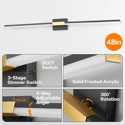 SOLFART Bathroom Vanity Lights 48-Inch: Black and Gold 5CCT Dimmable Bathroom Lights Over Mirror, Solid Frosted Acrylic, Built-in Dimmer, CRI88 Soft Light, ETL IP44