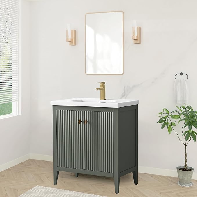 HOMEBEYOND 30" Bathroom Vanity with Ceramic Sink, Solid Wood Free-Standing Vanities Cabinet, Ceramic Top, Golden Brushed Handware & Soft Closing Door, Vintage Green