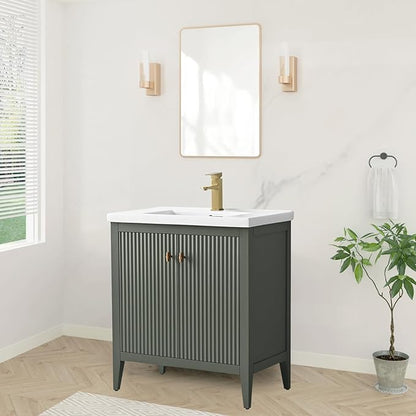 HOMEBEYOND 30" Bathroom Vanity with Ceramic Sink, Solid Wood Free-Standing Vanities Cabinet, Ceramic Top, Golden Brushed Handware & Soft Closing Door, Vintage Green