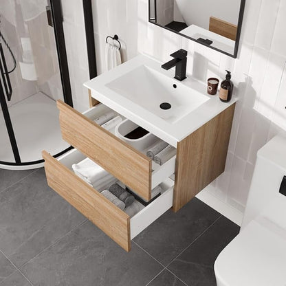Eviva Joy 28 in. Maple Wall MountSingle Sink Bath Vanity with Porcelain Top and Integrated Sink