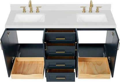 DKB Emilia 66-Inch Midnight Blue Double Bathroom Vanity with Rectangular Sinks, 1.5-Inch Carrara Quartz Countertop & Backsplash, 4 Soft Closing Doors, 6 Dovetail Drawers, Toe Kick, Satin Brass