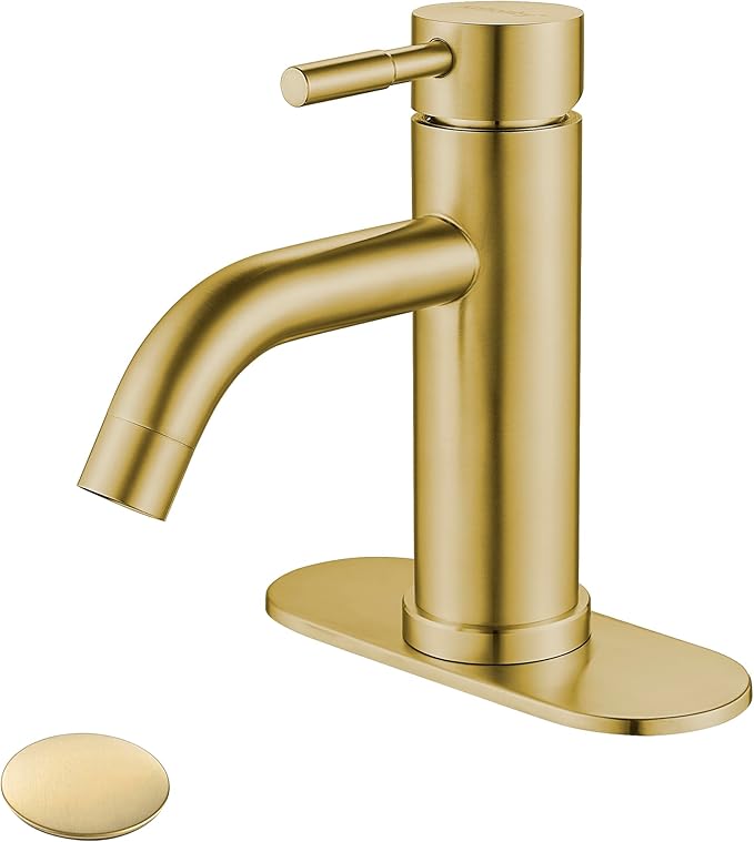 Single Hole Bathroom Sink Faucet Brushed Gold, Modern Single Handle Bathroom Faucet Commercial Stainless Steel Basin Faucet with Drain