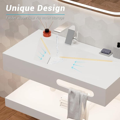 36"x19" Wall Mount Bathroom Vanity with LED Smart Sensor Light, Stone Resin Floating Vanity Sink Rectangular Vessel White Trough Art Basin with Shelf Layer