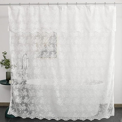 White Lace Shower Curtain 84 Inches Long with Attached Valance, 72x84 | Sheer White Floral Lace with Scalloped Trim, Light-Filtering, Adding Farmhouse Charm to Tall Bathrooms and Tubs