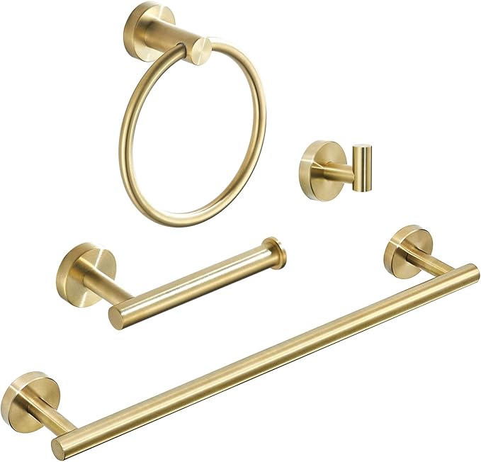 Gold Bathroom Hardware, Bathroom Accessories Set Includes Toilet Paper Holder 24 Inch Towel Bar Towel Ring Robe Hook 4 Pieces Wall Mount