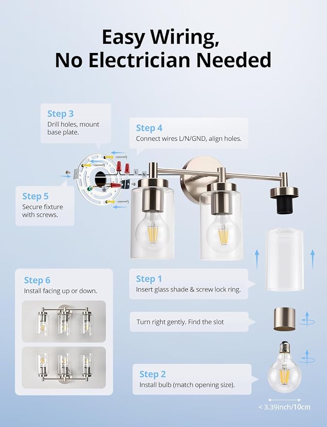 3-Light Brushed Nickel Bathroom Vanity Light, Farmhouse Wall Sconce | 17.12", Brushed Nickel Restroom Lamp, Clear Glass, Bright Makeup Lighting, above Mirror, Tool-Free E26 Bulb Swap, No Bulbs