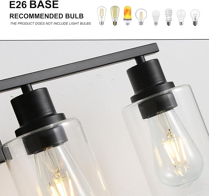 4-Lights Black Gallery Wall Sconces,Brushed Black Bathroom Vanity Light Fixtures with Clear Glass Shades, Farmhouse Modern Wall Lighting for Mirror,Living Room,Bedroom, E26 Base