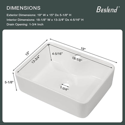 Bathroom Vessel Sink | Beslend 19"x15" Regular White Modern Ceramic Porcelain Above Counter Bathroom Sink Art Basin With Single Hole