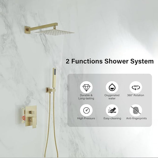 BWE 12 Inch Brushed Gold 2-Faction Wall Mounted Bathroom Shower System Set | Brass and Stainless Steel,Rainfall Shower Head,Handheld Shower Head,Pressure Balance Valve,Escutcheon Plate,Hotel,Bath Center