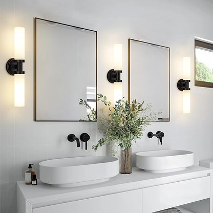 Black Bathroom Light Fixtures, 2-Light Wall Sconces Lighting W/White Glass Shade, Modern Vanity Lights for Mirror, Wall Mounted Lamp, E26 T10 Bulbs(Excluded)