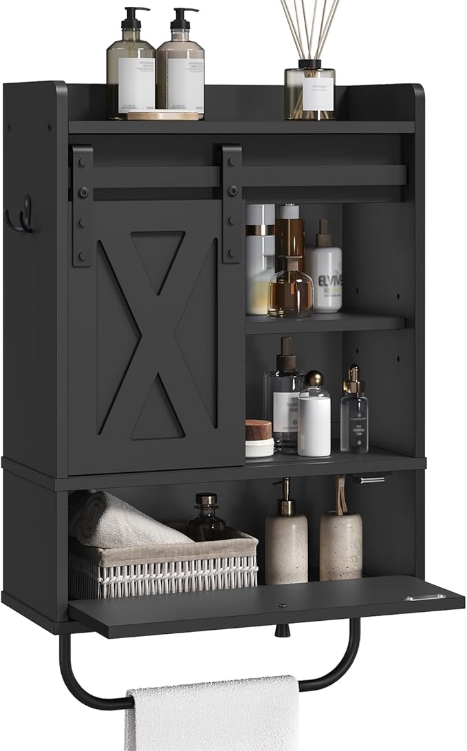 Bathroom Wall Cabinet, Farmhouse Medicine Cabinets with Sliding Door, Wall Mounted Storage Cabinet with Adjustable Shelf and Towel Bar, for Bathroom, Living Room, Kitchen, Black